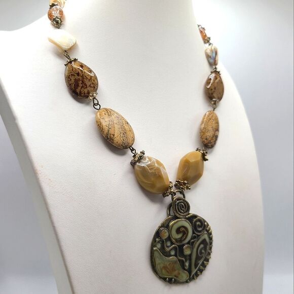 Chico's Boho Necklace, Enameled Pendant, Stone Beads - Picture 7 of 8